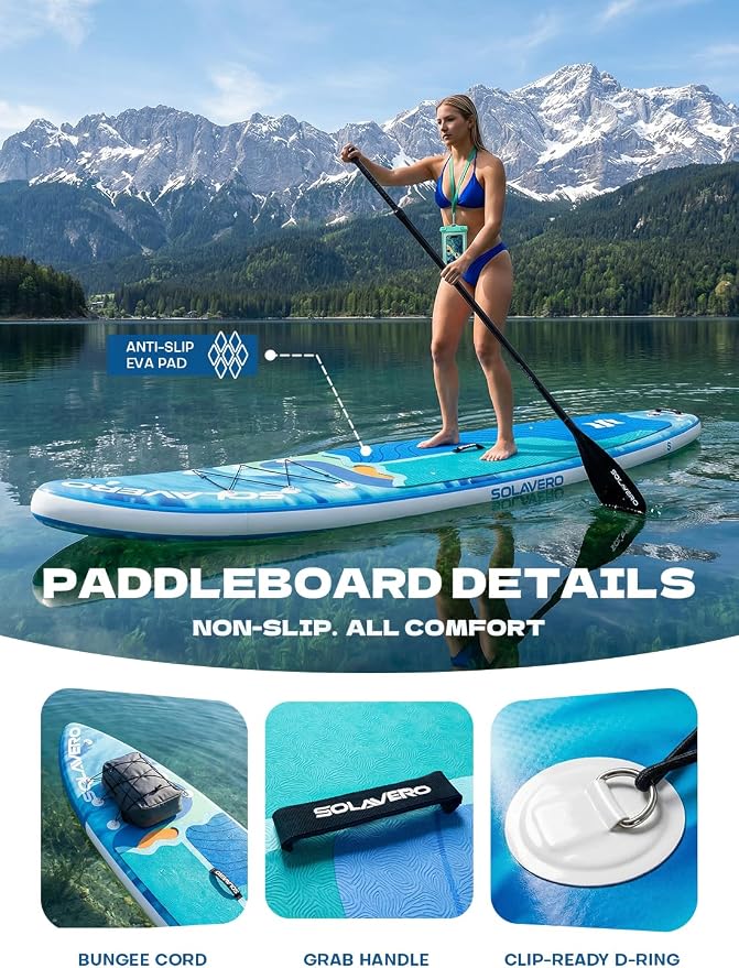 SOLAVERO Stand Up Paddle Board, 11‘ Inflatable SUP Supports 500LB - Wide Stable Board with Non-Slip EVA Deck for Adults & Youth of All Skill Levels