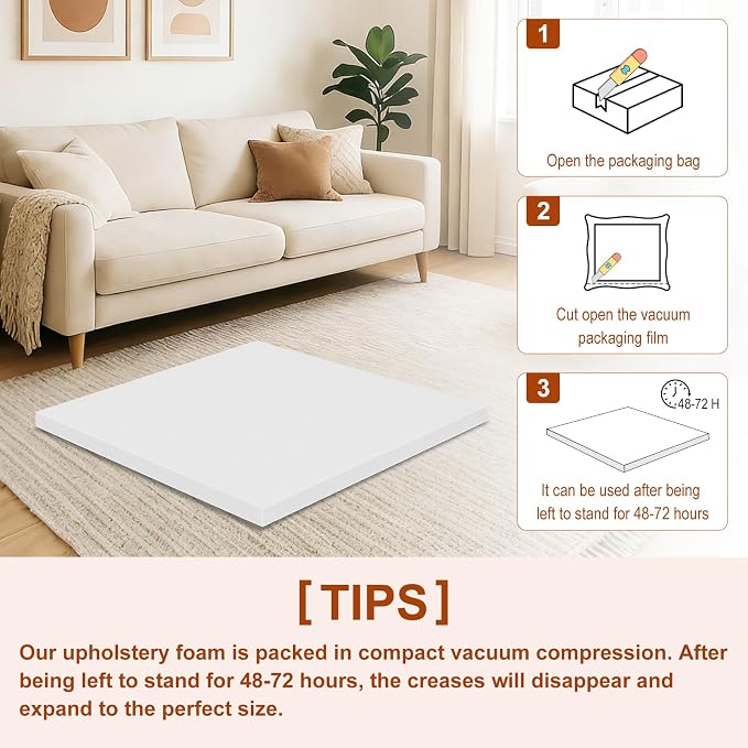 High Density Upholstery Foam 1" X 24" X 24", 3PCS Couch Cushion Replacement - 45D Density 70 ILD (Firm), Square Foam Padding for Chairs, Cut to Size Foam Replacement Cushion for Sofa Chair Bench
