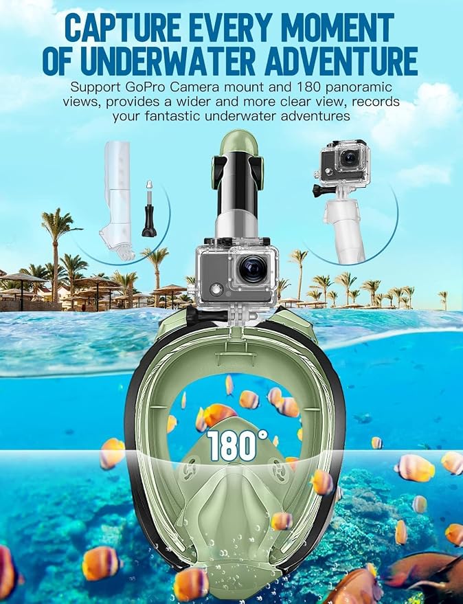 Full Face Snorkel Mask for Adults, 180° Panoramic Anti-Fog Snorkeling Gear with Dry Top System & Camera Mount, Foldable Anti-Leak Design for Travel, Swimming & Ocean Snorkeling