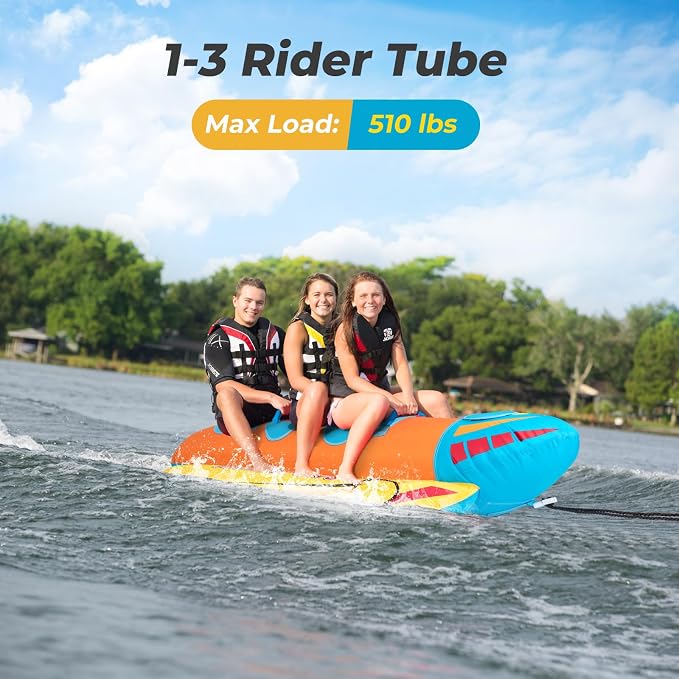 Towable Tubes for Boating, Inflatable Hot Dog Water Tube for Boat to Pull, Water Sports Banana Boat Tubes and Towables w/Double Stitched Nylon Cover, Padded Seat, Easy Grip Handles