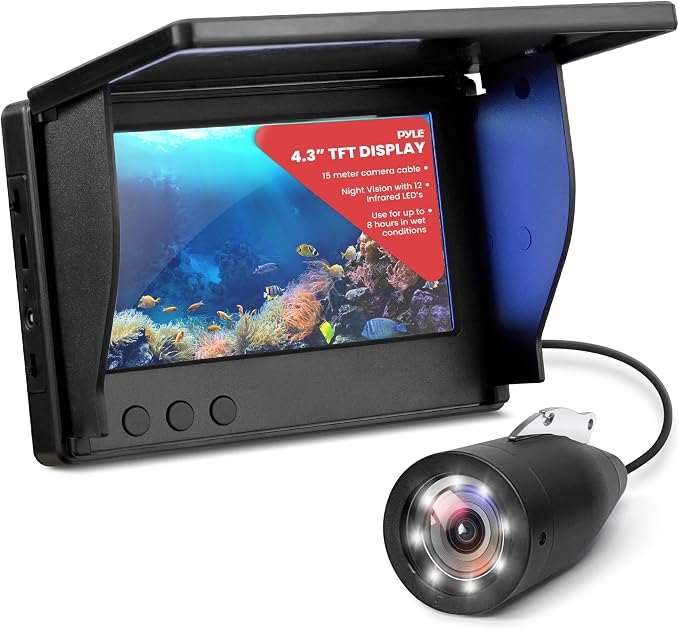 Pyle 4.3” Portable Underwater Fishing Camera with TFT LCD Monitor, 1000TVL IP68 Waterproof Camera, 12 Infrared Lights, Rechargeable Battery, Carrying Case & Sunshield for Ice and Sea Fishing