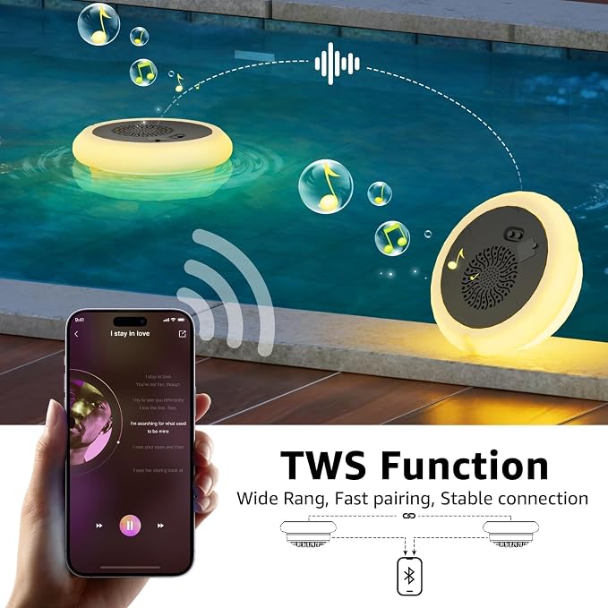2-Pack Floating Pool Speaker with Lights LED Show Water-Resistant Portable Floating Pool Lights USB Rechargeable Cordless with Remote for Swimming Pool Beach Outdoor