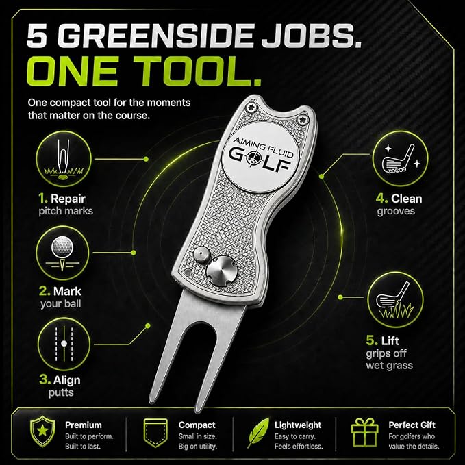 Golf Divot Repair Tool — 5-in-1 Golfing Ball Marker, Pitch Mark Repair, Putting Alignment, Club Tee, and Groove Cleaner, Accessory Metal Switchblade Design - Ideal Gift for Golfers