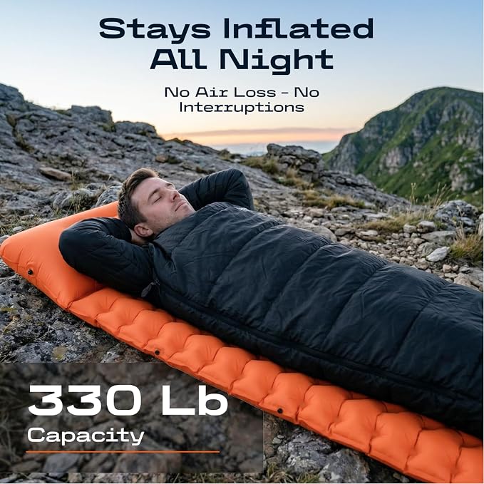 CKG Camping Sleeping Pad with Thermal Barrier, Ultralight Camping Mat 4in Thick with Pillow, Built-in Foot Pump Self Inflating Sleeping Pad for Hiking Tent Road Trip Car Camp Travel Gear, Orange