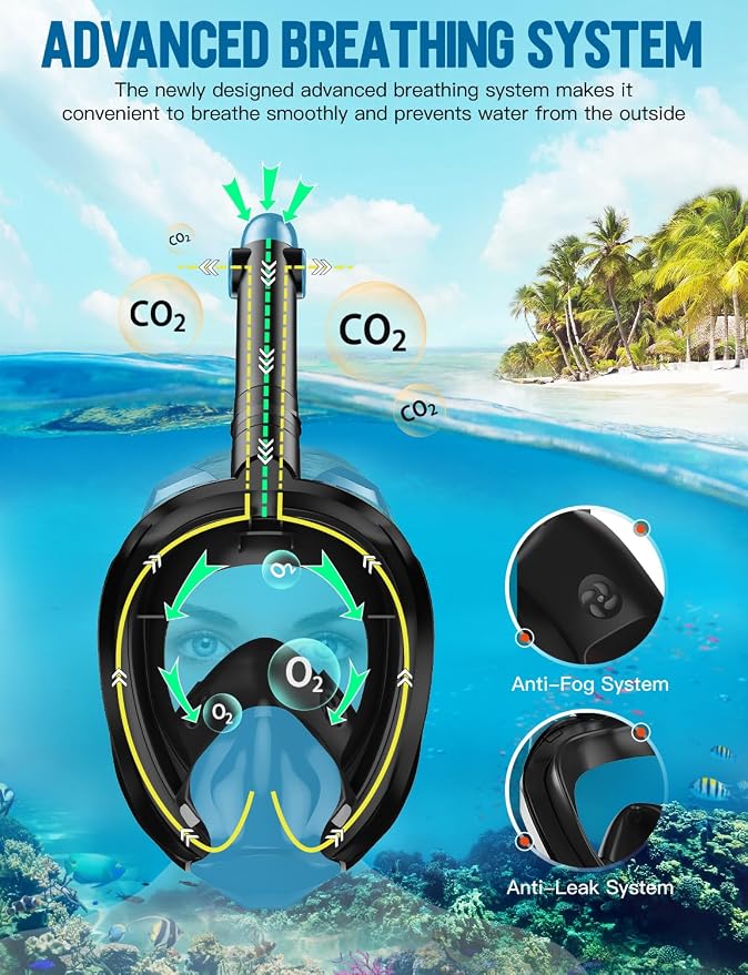 Full Face Snorkel Mask for Adults, 180° Panoramic Anti-Fog Snorkeling Gear with Dry Top System & Camera Mount, Foldable Anti-Leak Design for Travel, Swimming & Ocean Snorkeling