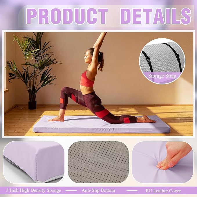 Lyrow 3 Inch 72"x 24" Thick Foldable Yoga Mat with Carry Strap, Non-slip Portable Foam Gym Mat for Yoga, Pilates and Stretching