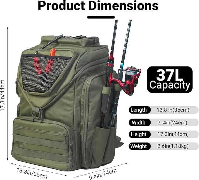 kokkoya 37L Fishing Backpack Tackle Box Back Pack Tacklebox for Men Dad with 2 Rod Holders Two Tier Storage 3 Clear Pockets Kayak Fishing