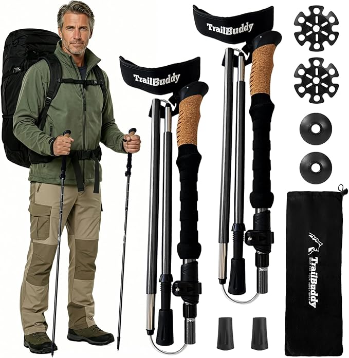 TrailBuddy Trekking Poles – Lightweight 7075 Aluminum Hiking Poles for Women, Men & Seniors – Collapsible Walking Sticks for Travel, Trails & Balance