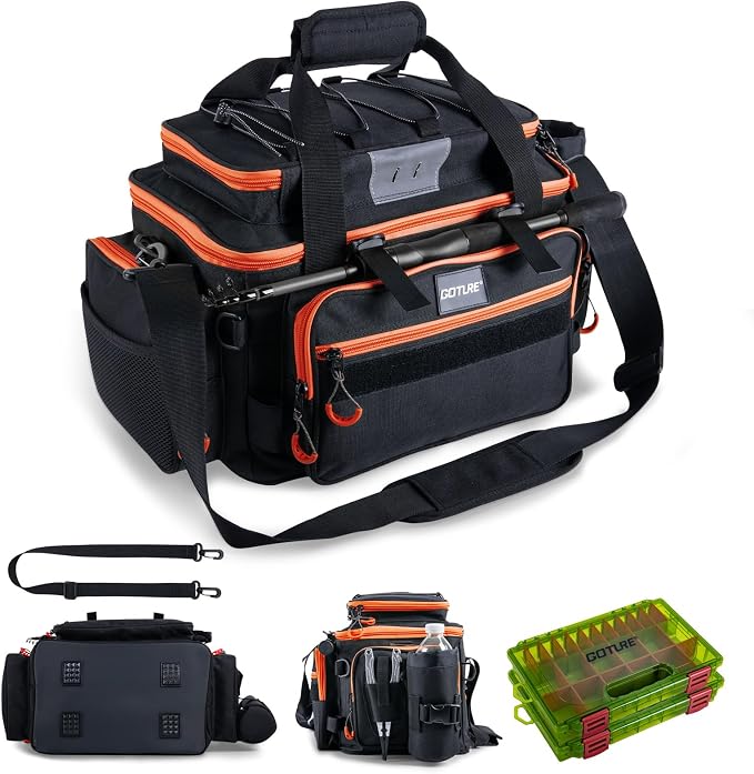 Goture Fishing Tackle Bag with 2PCS 3600 Tackle Boxes | 600D Water-Resistant, Rod Straps, Detachable Bottle Pouch,Waterproof Bottom, Freshwater & Saltwater Gear Storage Fishing Bag