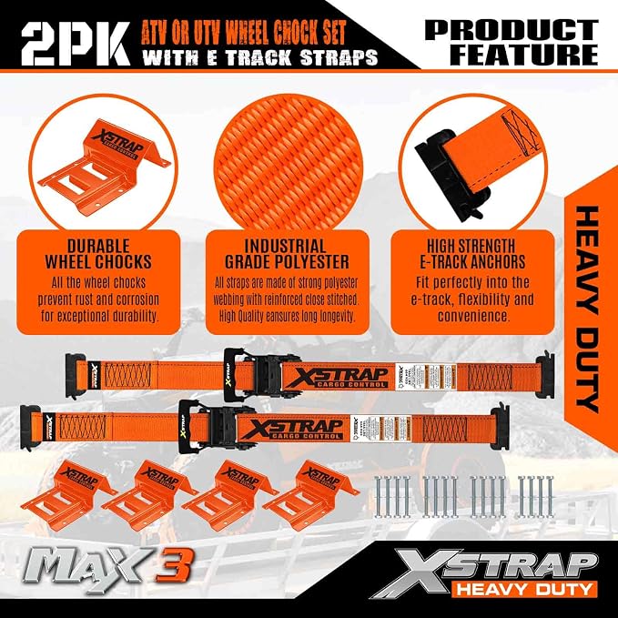 XSTRAP STANDARD Wheel Chock E-Track Tie Down Straps Kit, 2 Pack 2" x 9FT Over-The-Tire Ratchet Straps with Steel Wheel Chocks, 1466 lbs WLL for ATV, UTV, Lawn Mower, Trailer Hauling, Orange