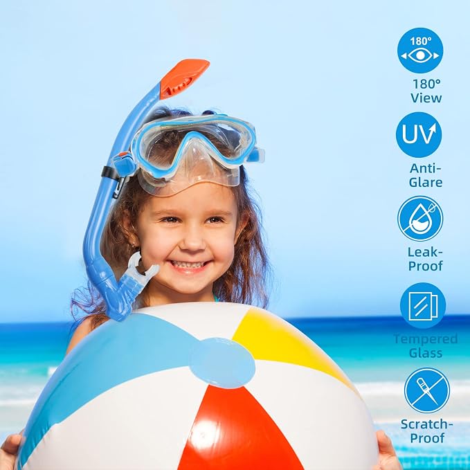 Kids Snorkeling Set - Adjustable Flippers + Panoramic Snorkel Mask + Dry Snorkel Tube + Travel Bags - Suitable for Kids & Juniors, Age 5-14