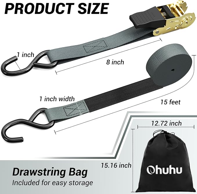 Ohuhu Ratchet Tie Down Strap 15 Ft - 500 lbs Load Cap with 1500 lbs Breaking Limit, Ratchet Tie Downs Logistic Cargo Straps for Moving Appliances, Motorcycle (Grey, 8-Pack)