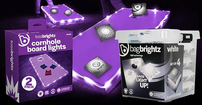 Brightz Cornhole Board Edge Lights with LED Bags - Includes 4-Pack of LED Cornhole Bags + TossBrightz Cornhole Board Edge Lights - The Ultimate Night Time Cornhole Master Set