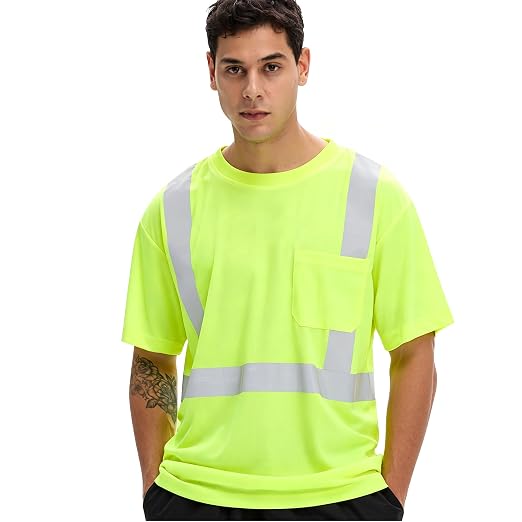 Hi Vis T Shirt Class 3 High Visibility Shirts for Men Safety Shirts with Reflective Strips and Pocket Breathable Construction Work Mesh Short Sleeve Lime