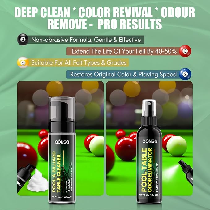 Pool Table Felt Cleaner Kit, Fast Clean Green Billiard Table Felt Cleaner Spray & Odor Eliminator Kit with Cleaning Cloth, Ready-to-Use Foam & No Residue | Essential for Home & Game Rooms