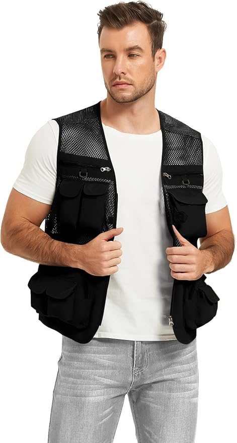 Flygo Men's Fishing Vest Utility Lightweight Outdoor Travel Safari Photo Cargo Vest with 16 Pockets