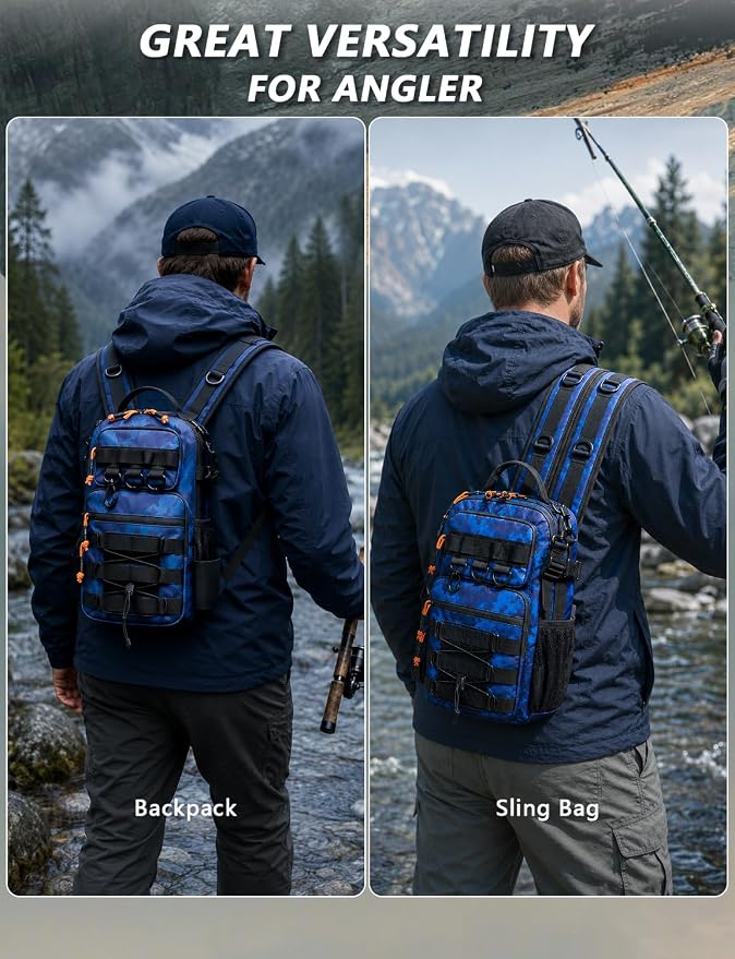 2 in 1 Compact Tactical Fishing Backpack with Tackle Boxes, Lightweight Waterproof Tackle Bag Fit 2 * 3600 Tackle Boxes, 2 Rod Holders Storage, Fishing Accessories Gift for Men Blue