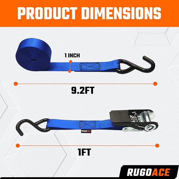8PK Ratchet Tie Down Straps 1" x 10ft, 300lbs Load Capacity, 900lbs Break Strength, Durable for Moving Appliances, Lawn Equipment, Motorcycles, Cargo Trucks, Trailers & More (Blue)