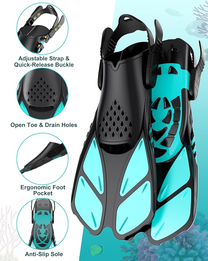 Viginsul Snorkeling Gear for Kids Teens, Full Face Snorkel Mask & Adjustable Swim Fins Snorkel Set, Panoramic View Snorkel Mask with Dry Top System & Gear Bag, Anti-Fog Anti-Leak