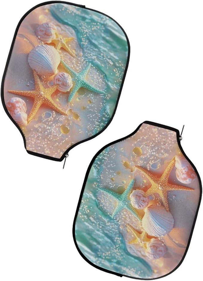 Beach Starfish Seashells Pickleball Paddle Covers Pickle Ball Rackets Cover 2 Pack Pickleball Racket Sleeve Zippered Paddle Case for Most Standard Pickball Paddles Birthday Gifts