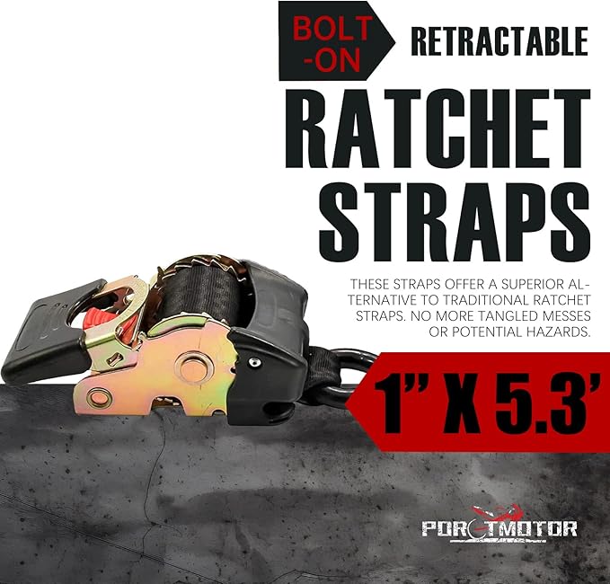 2 Pack Bolt-On Retractable Ratchet Straps (1" x5.3'), Self Retractable Ratchet Tie Down Straps Auto Retracting Transom Tie Down Straps for Boats, Jet Skis, Motorcycles, ATVs, Cargo