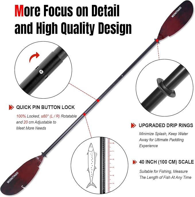 Angler Kayak Paddles Aluminum Paddle with Plastic Blades and Paddle Leash, Floating Adjustable Fishing Kayak Oars, 3 Piece, 230-250cm/90-98 inch