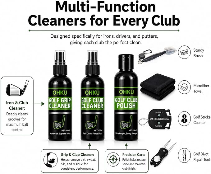 Golf Club Care Kit - Clean and Polish Irons, Drivers, Putters - Reduce Scratches, Scuffs, and Rust - Portable Golf Cleaning Kit with Grip Cleaner, Irons Remover, Club Scrub, and Brush for Golf Bag
