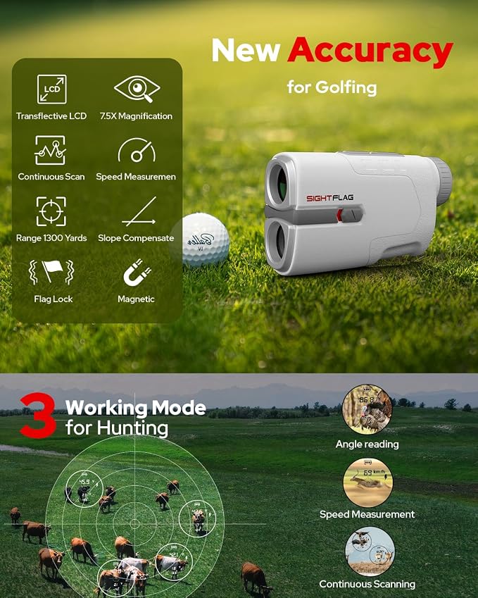 Golf Rangefinder with Slope, 1300 Yards Laser Range Finder for Hunting, 7.5X Magnification Flag Pole Locking Vibration Rechargeable Range Finders with Magnet Golf Accessories Gift for Men (Grey)