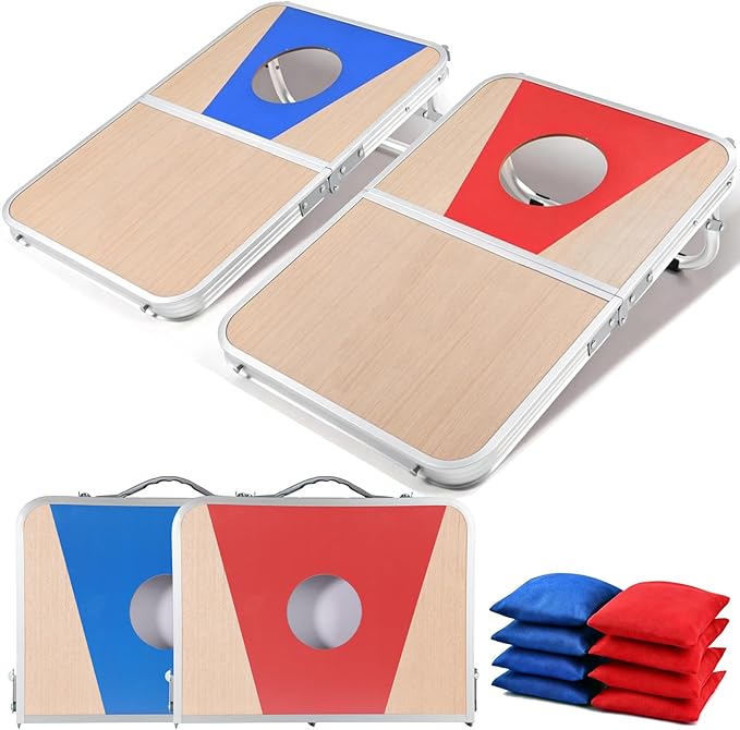 Portable Cornhole Board Set - Foldable Aluminum Frame Cornhole Game with 8 Bean Bags & Carrying Case for Adults & Families | Perfect for Outdoor Backyard, Beach & Party Camping (24x16 in)