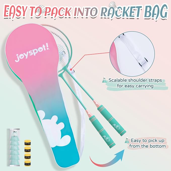Badminton Rackets Set of 4 for Outdoor Backyard Games,Including 4 Rackets, 6 Nylon Shuttlecocks, 4 Replacement Grip Tapes and 1 Carrying Bag, Lightweight Badminton Racquets for Kids Adults Beginners