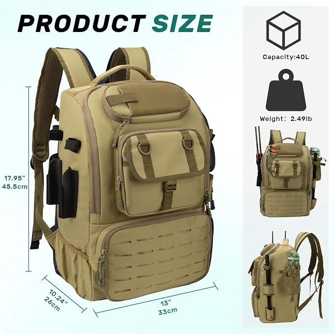 Pyrrhus 40L Fishing Backpack with Rod Holders & Insulated Cooler Compartment, Camping Cooler Tackle Storage for Anglers