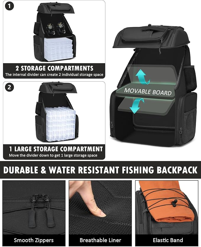 HAMBOLY Fishing Backpack with Tackle Boxes, 50L Fishing Tackle Bag with Cooler & Rod Holders, Waterproof Tackle Bag for Men
