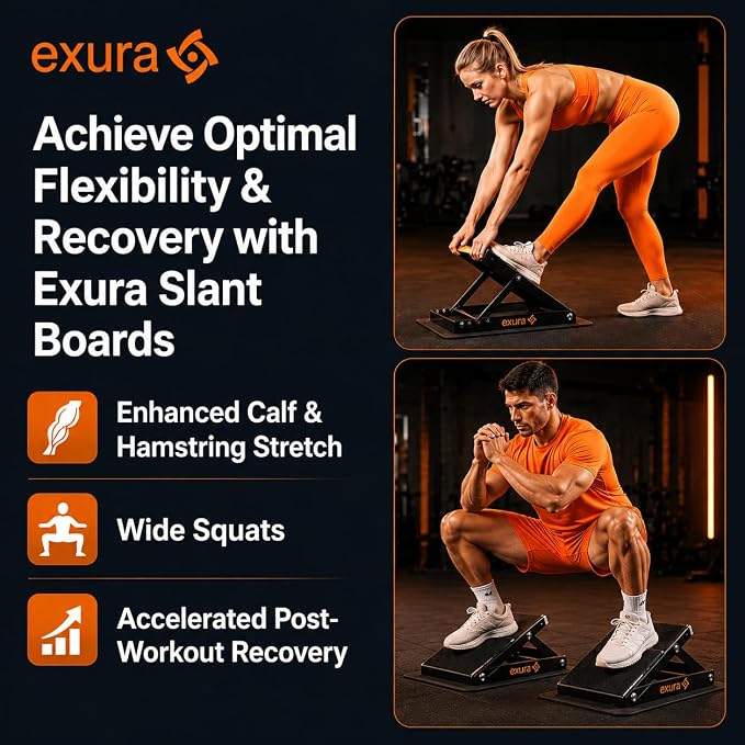 EXURA Slant Board for Calf Stretching & Plantar Fasciitis Relief, Adjustable Wide Metal Squat Wedge, Calf Stretcher for ATG Training, Knees Over Toes & Physical Therapy