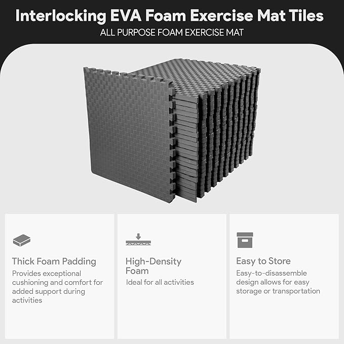 BalanceFrom Puzzle Exercise Mat 1" Thick, EVA Interlocking Foam Floor Tiles for Home Gym, Mat for Home Workout Equipment, Floor Padding for Kids, Gray, 24 in x 24 in x 1 in, 72 Sq Ft - 18 Tiles