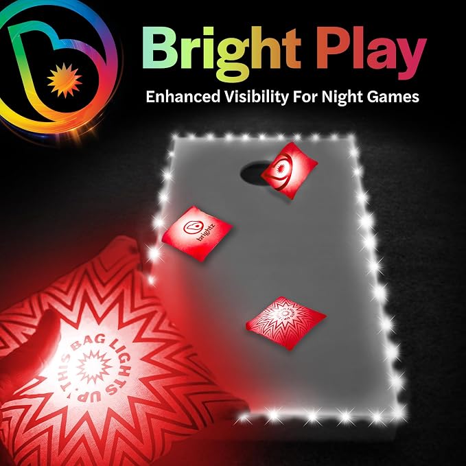 Brightz Cornhole Board Edge Lights with LED Bags - Includes 4-Pack of LED Cornhole Bags + TossBrightz Cornhole Board Edge Lights - The Ultimate Night Time Cornhole Master Set