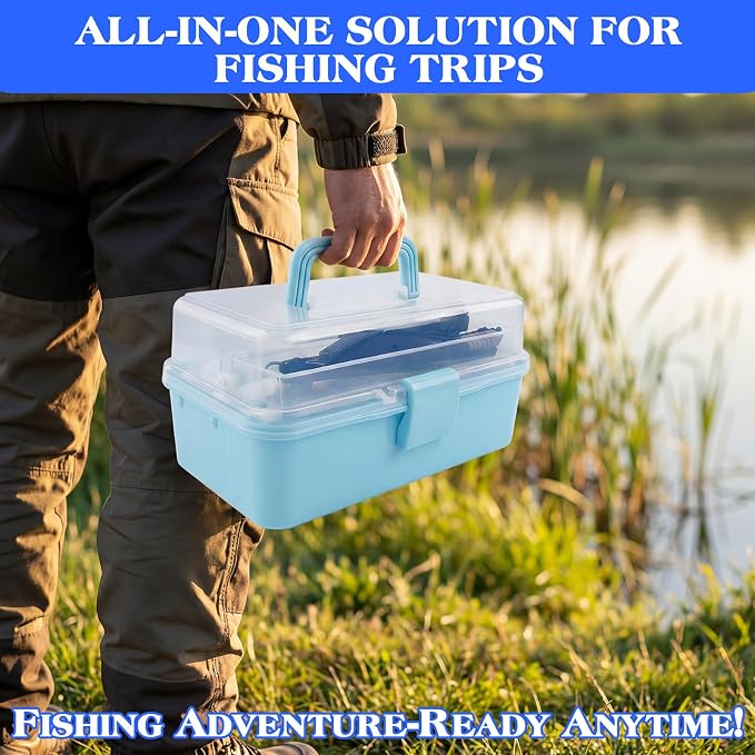 3-Layer Fishing Tackle Box with Tackle Included, Fishing Tools Kit Includes Pliers Fish Lip Gripper Scale Crankbait Spinnerbaits Soft Baits Hooks, Ideal Gift for Angler Saltwater Freshwater (Blue)