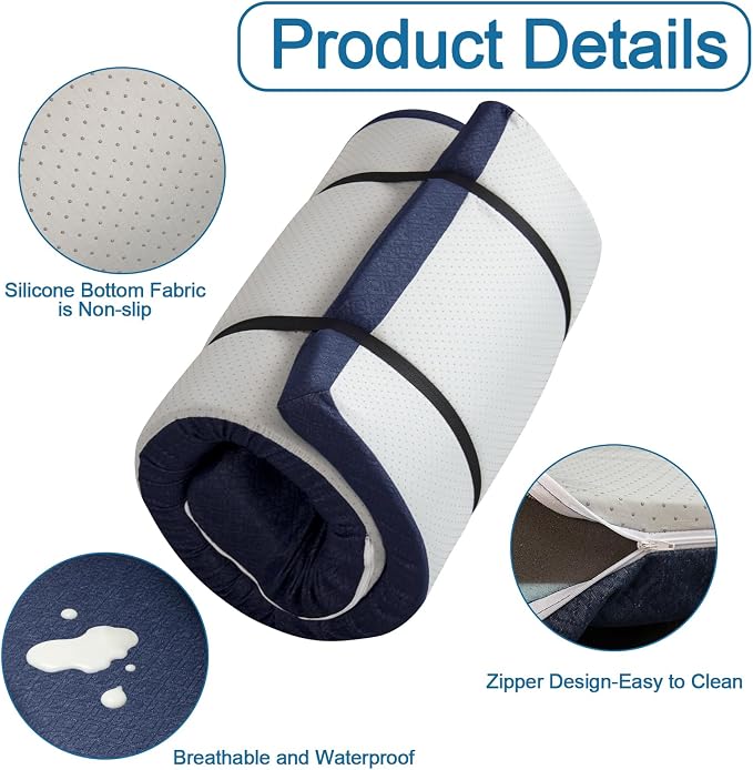 Memory Foam Camping Mattress Pad 3inch, Sleeping Pad, Roll Up Mattress for Adults, Camping Bed Pads for Sleepover, Non-Slip Bottom Cot Mattress Pad 72" x 24"x 3"