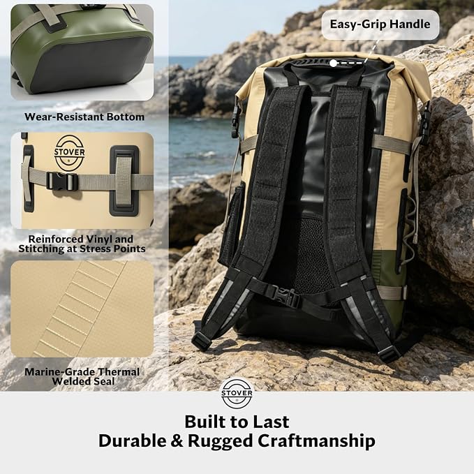 STOVER 40L Waterproof Dry Backpack & Phone Case - X-Large Floating Dry Bag for Kayaking, Travel, Hiking, Fishing, Camping, Motorcycles & Beach, Heavy-Duty Roll Top Men/Women (Tan/Army Green/Brown)