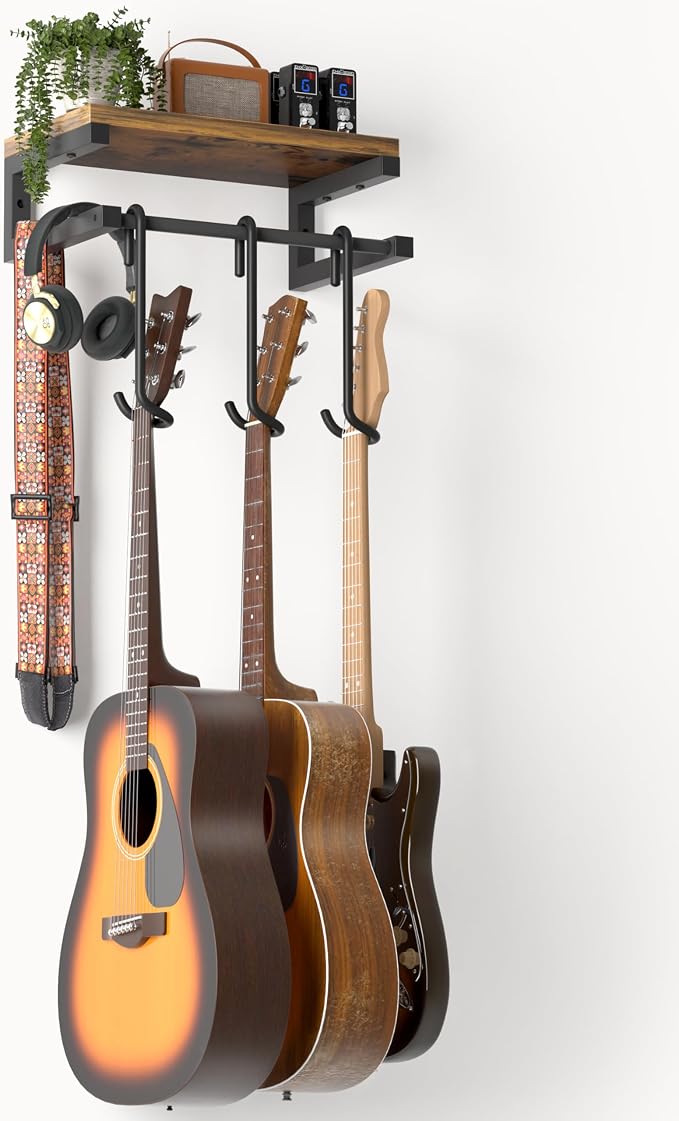 Keebofly Guitar Wall Mount Hangers Holds 3 Guitars with Rustic Shelf, 3-Detachable Guitar Hooks Universal Fit for Acoustic, Electric, Bass & Ukulele (Brown)