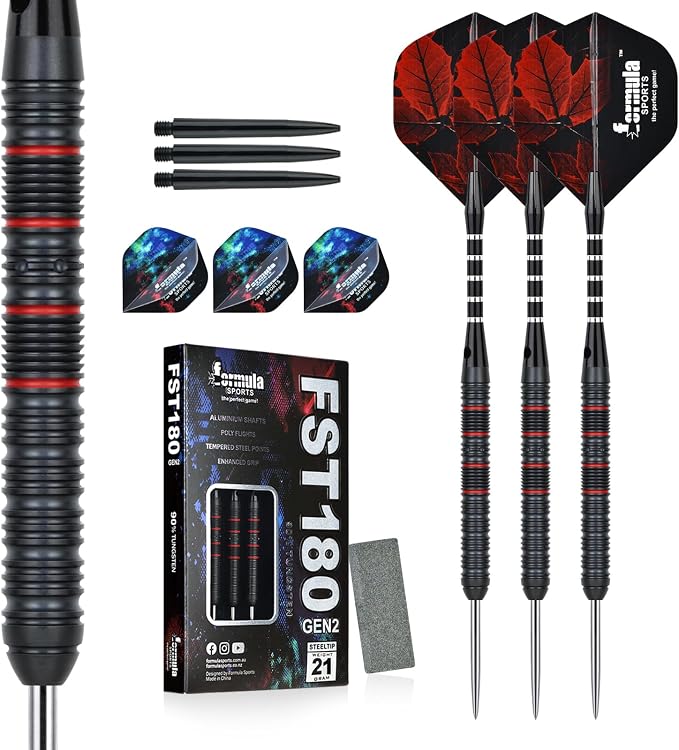 Formula Sports 90% Tungsten Steel Tip Darts Set - Professional Steel Tip Darts Set with Flights, Shafts and Sharpener, Available in 21g/22g/23g/24g