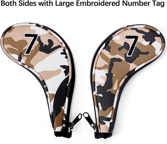 Golf Club Camo Zipper Iron Head Covers 9Pcs/Set With No. on Both Sides PU Leather Headcovers (Blue/Brown)