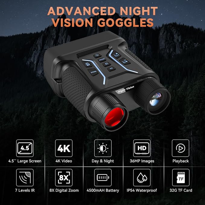 Night Vision Goggles, 4K Color Night Vision Binoculars for Adults with 4.5" HD Display, 8X Digital Zoom & 7-Level Infrared, 4500mAh Rechargeable Battery, 1300ft Range, 32GB TF Card for Camping Hunting