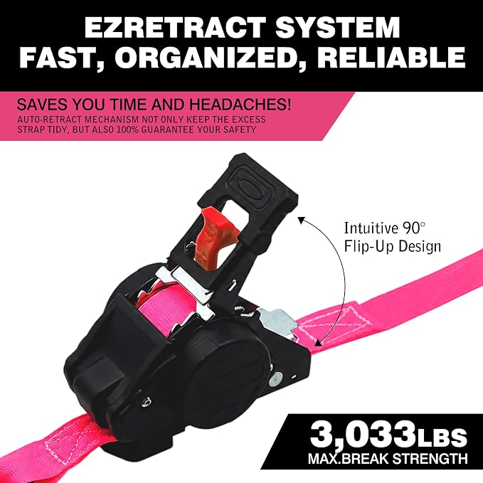 Retractable Ratchet Straps1In x 13Ft - Heavy Duty Auto Slow Retraction Tie Down Straps - 1,800lb Break Strength Self Retracting for Truck, Cargo Trailer, Motorcycle, ATV, UTV - Pink, 4Pack