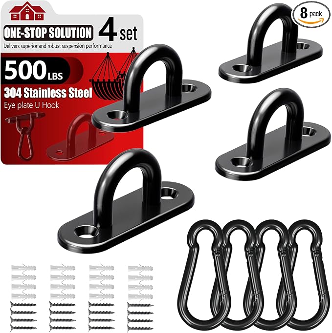 sprookber 304 Stainless Steel Pad Eye Snap Hooks, M5 Heavy Duty Ceiling Hooks, 500 lb Capacity Hammock Swing Hanging kit, Plant Hangers, Marine Hardware Staple Hook Loop with Screws, Set of 8(Black)