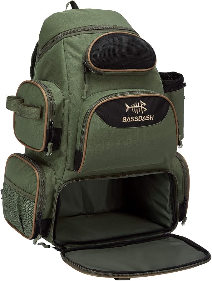 BASSDASH Fishing Tackle Backpack Water Resistant Tactical Bag Soft Tackle Box with Rod Holder and Protective Rain Cover