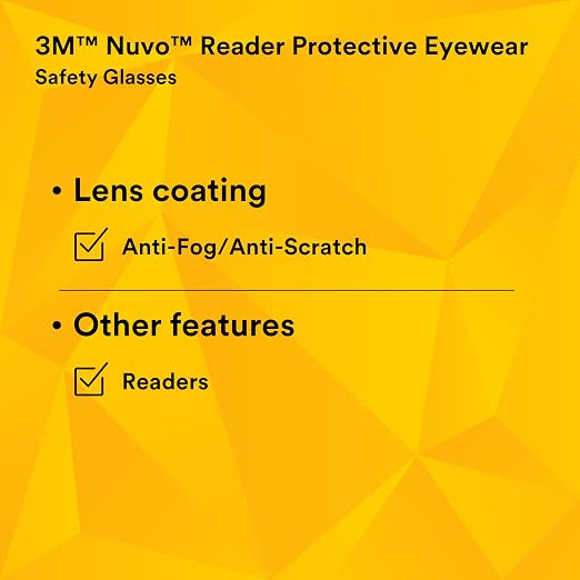 3M Safety Glasses with Readers, Nuvo Readers, +2.0 Diopter, Pack of 1, ANSI Z87, Clear Lens, Gray Frame, Soft Nose Bridge, Side Shields