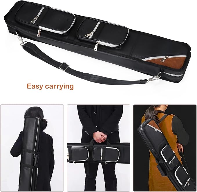 4x8 Pool Cue Case Billiard Stick Carrying Case Leatherette Soft Cue Bag Hold 4 Butts 8 Shafts (Black and Camel)