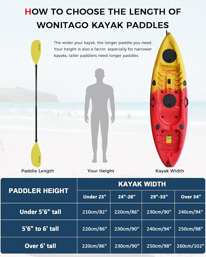 Kayak Paddle with Fiberglass Shaft and Reinforced Nylon Blade, Adjustable Kayaking Oars, 3 Piece, 230-250 cm/90-98 inches, 210-230 cm/82-90 inches