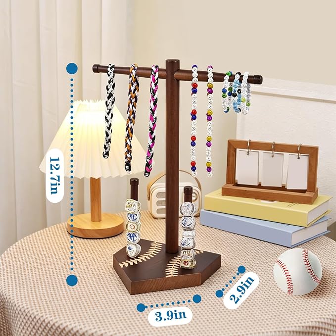 Wooden Sports Ring & Necklace Display Holder, Baseball Softball Championship Ring Organizer, Drip Necklace Storage Stand, Sports Gift for Athletes,Tool-free installation