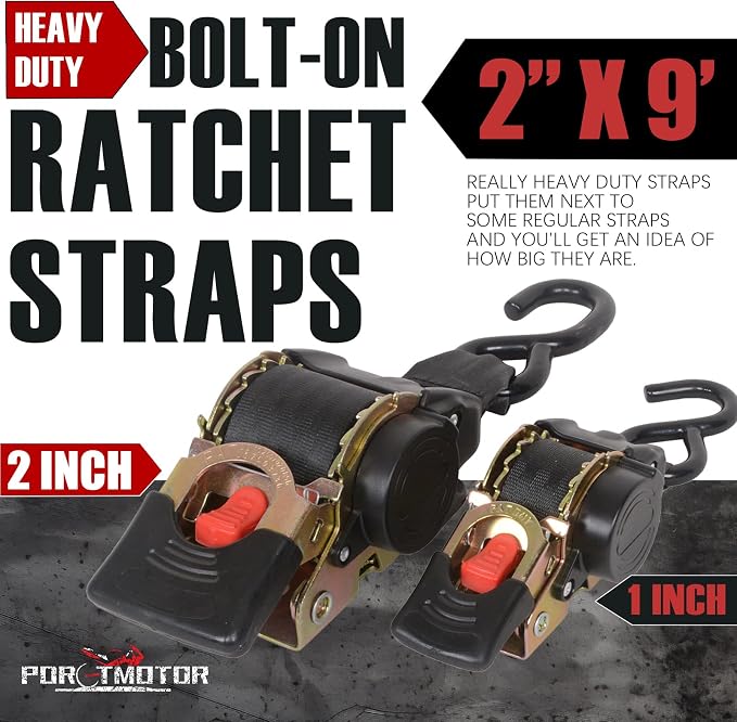 2 Pack Bolt-On Retractable Ratchet Straps (2" x9'), 3000LBS Break Strength Transom Tie Down Straps Fresh Water Compatible Trailer Straps for Boats, Jet Skis, Motorcycles, ATVs, Cargo